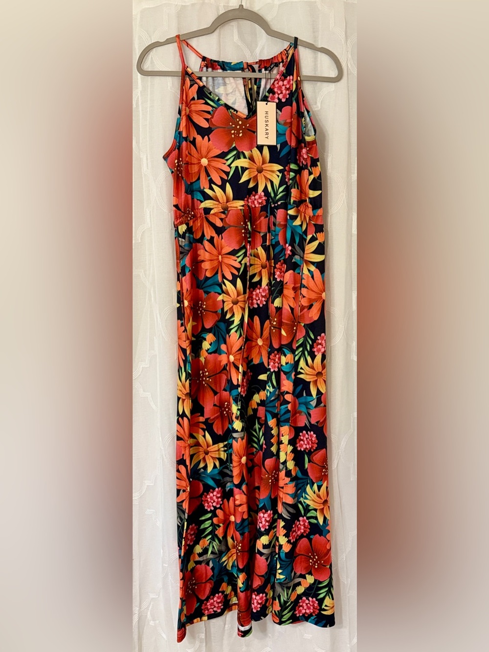 HUSKARY Large NWT Black Orange Tropical Floral Maxi Dress